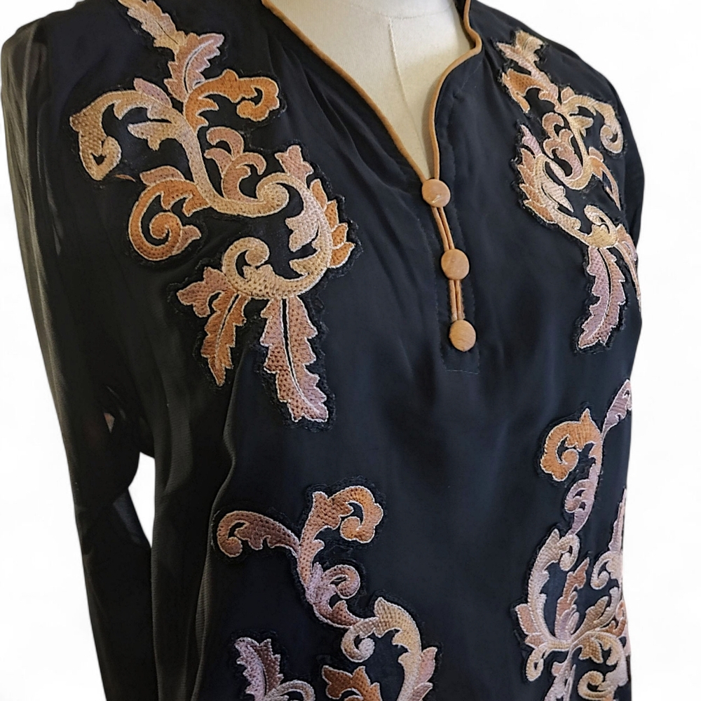 Vintage Kajree Kaftan Embroidered Detailing Black / Tan Womens Size Large - Picture 3 of 11